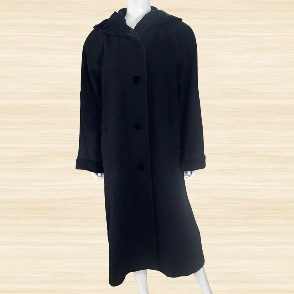 Forecaster of Boston Black 100% Wool Hooded Long Overcoat Velvet Trim Classic 14